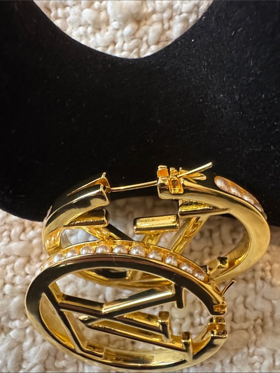 Jewelry - LV Initials Gold & Pearl Accent Hoop Earrings